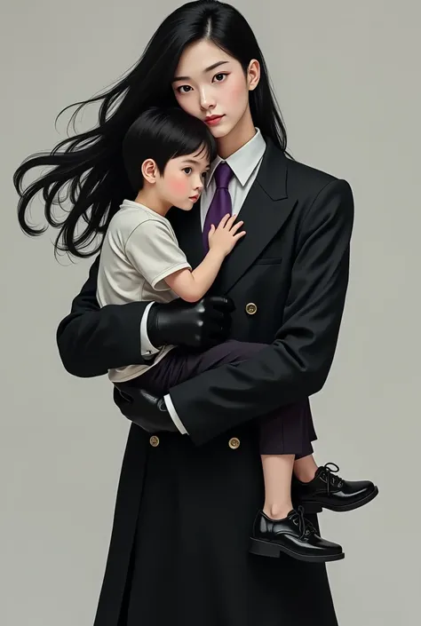 Live Action pre teen Asian boy with Long Flowing black Hair, Wearing a LONG Sleeved, Baggy Black Double Breasted Suit that reaches the ground over a Baggy White Dress shirt Properly Tucked in With The Sleeves cuffs Covering the Palms and Purple tie tied Ti...