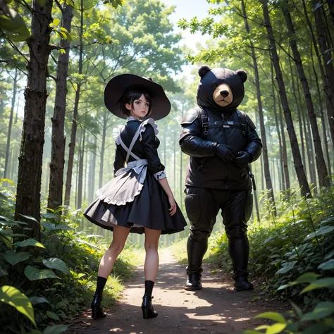 Maid bear, young woman, teenager, short hair, wearing carbon armor, carbon hat, holding shield, short-legged carbon skirt, standing in the middle of the forest