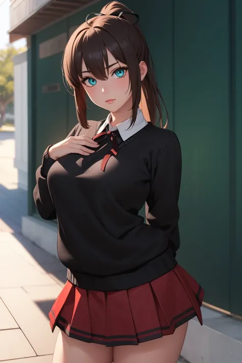 ponytail, hair bow, , green eyes, ( big breasts at the temple:0.6), 
BREAK ((school uniform, black sweater, neck ribbon, black ribbon, red skirt:1.5))
BREAK looking at viewer, ((HANDS BEHIND BACK:1.5)) , depth of field,
BREAK (masterpiece:1.2), best qualit...