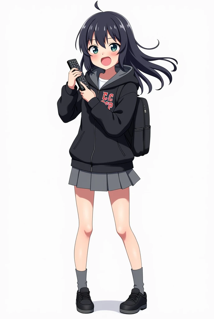 Teenage woman with black hair standing in the front and her legs and wearing black shoes and gray socks and black poleron with a hood and with LCCP letters on the chest and with a backpack gray skirt anime image with a remote control black television white...