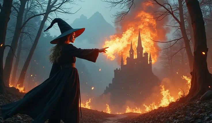 A full-body image of a Beautiful Pale skin female mage wearing a witch hat, positioned to the side of the frame, casting a Fire spell with mystical energy swirling around her. The background features an enchanted Gothic forest with glowing runes. she is ca...