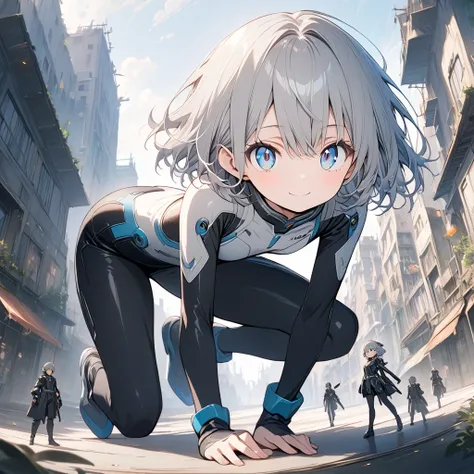 Masterpiece, high quality, detailed background, anime, small figure, full body, beautiful face, long eyelashes, fair skin, blue eyes, thin legs, gray short hair, black tights, body suit, slit eyes, big eyes, crouching, near future, science fiction, smiling