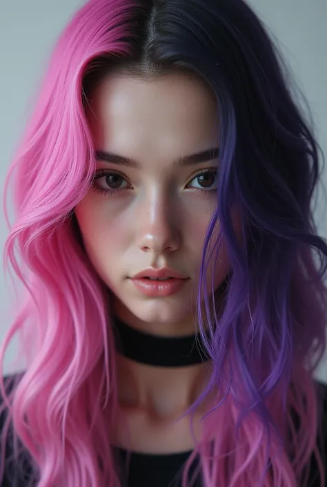 Pink and Purple Hair Partial Hair, Female Black Eyes, Realistic, 