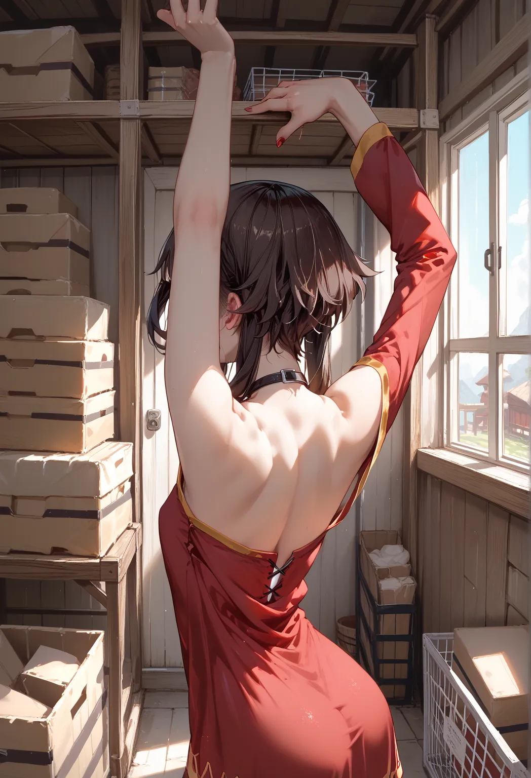 megumin,sexy, small boobs,look away、 embarrassed 、red face, black underwear、the storeroom shed 、the red dress that is about to b...