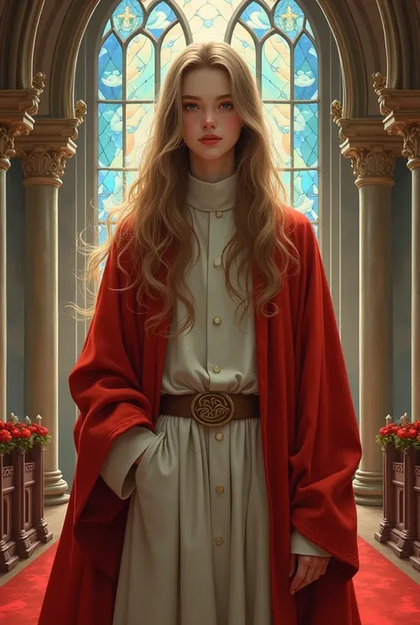 Protrait  of A Long hair woman alike Priest boy 22 yos That have cute face and have feminine expressions he tall but not have that musculin He Look Confident with the background of Holy church in the Pika Pikazo Art style