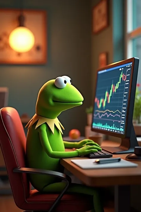 Kermit sit at chair gaming,trading forex chart market on his computer 