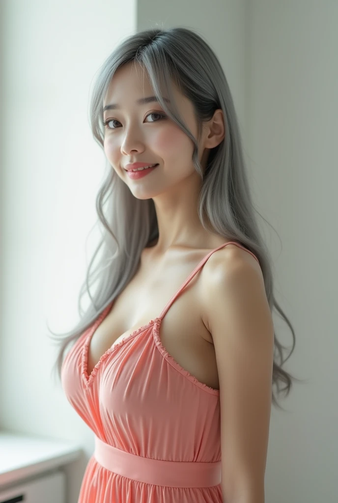 (master quality: 1.4), (realistic detail: 1.3), (photorealistic: 1.3), An Indonesian (a beautiful matronly woman with abnormally huge round breasts, :1.2) (((thin body))),with long straight hair and bangs, pleasant smile, thin vibrant flare skirt shirtwais...