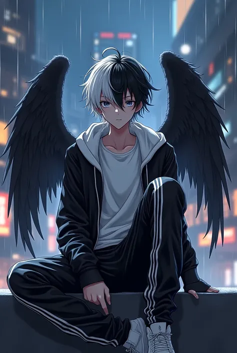 Emo anime boy, sitting in a cool way, black and white track pants, black and white jacket, white shirt, black and white shoes vans, white headphones, black and white hair, two-toned black and white angel wings, pretty city lights with rain at night 