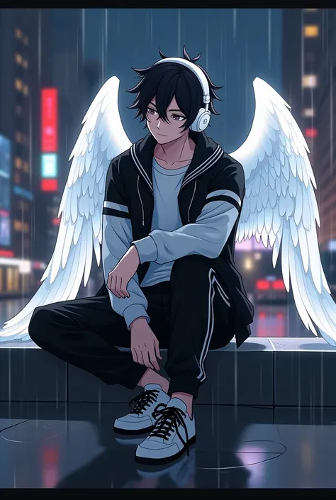 Emo anime man, sitting in a cool way, black and white track pants, black and white jacket, white shirt, black and white shoes vans, white headphones, black and white hair, two-toned black and white angel wings, pretty city lights with rain at night 