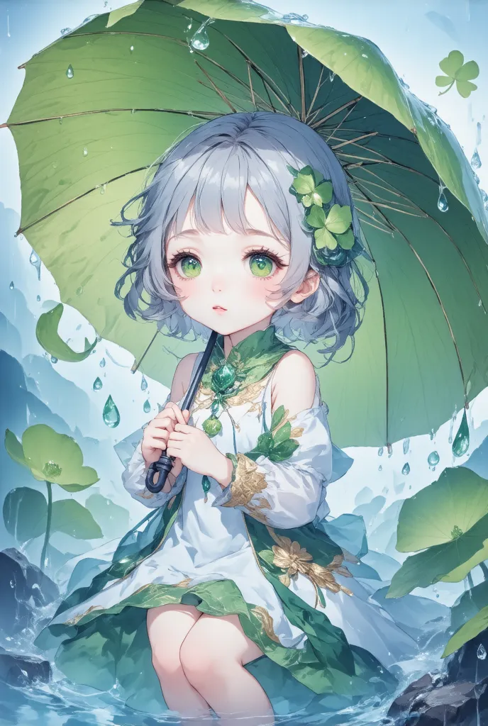 this painting depicts a cute animated character ,squat, with light grey hair , with a few green hairs , big green eyes ,four-lea...