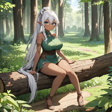 Its day on woods,a pretty elven girl is sitting on log,silver pony tail,her heights is 140cm,brown skin,big breasts,sharp eyes,gaze to here