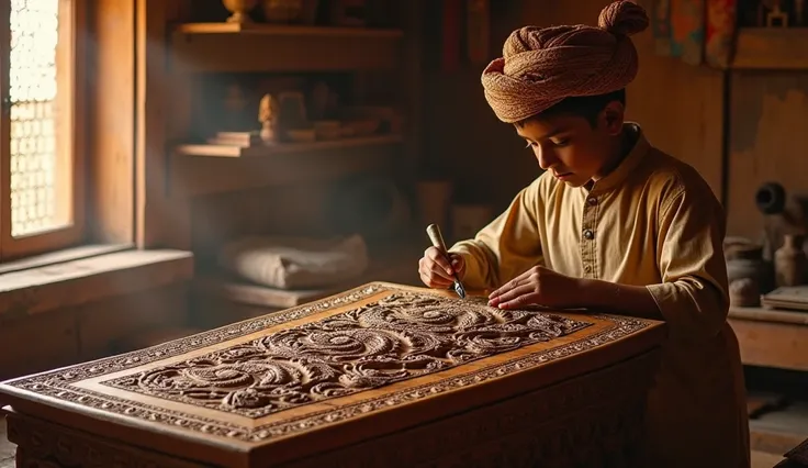 "In a traditional Rajasthani workshop, the youngest brother, dressed in a simple yet elegant kurta and a patterned turban, carves an ornate coffin from rich teak wood. The workshop is filled with the earthy scent of freshly cut wood, and the air is thick w...