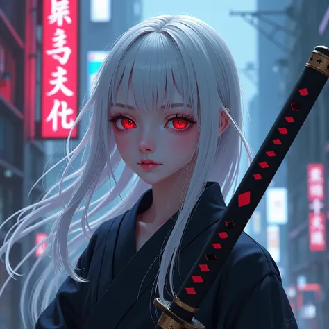 adolescent, fine features,  long white hair,  angled face , red eyes, Modern shinobi, Ambiente Neotokio , katana