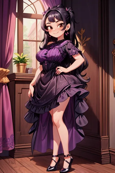 Masterpiece, best quality, 1 girl, black hair, brown eyes, standing indoors with intricate details and sunlight. Purple and black frilled dress with short neckline, black shoes earrings.  Mischievous smile, confidense, strong woman, sexy pose, coquette, be...