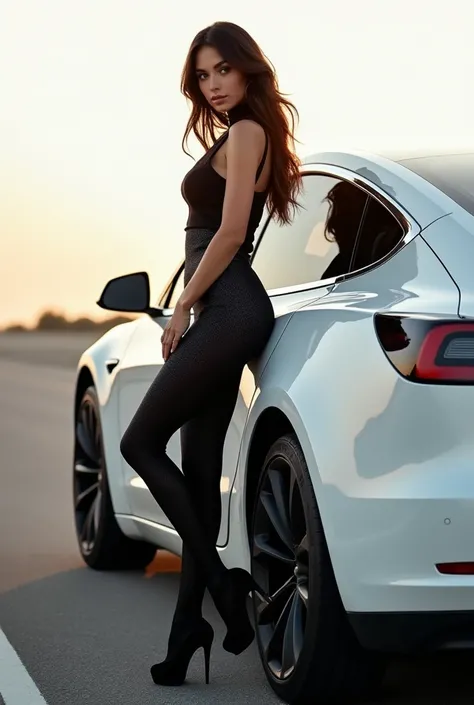 hot girl on road leaning on tesla model 3 white car wearing shiny black pantyhose and without shoes