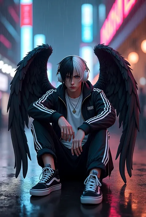 Emo anime man, big muscles, sitting in a cool way, black and white track pants, black and white jacket, white shirt, black and white shoes vans, white headphones, black & white hair, black and white angel wings, pretty city lights with rain at night 