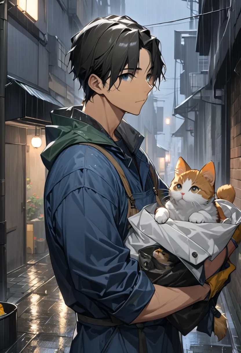 dark haired young man"asuka" with a hearty atmosphere protecting a kitten in the rain as an alley cleaning job, 優し気な表情のasuka ,  ...