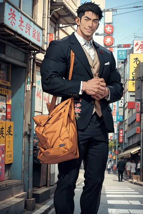 create a photo of a smiling japanese man at a street corner in modern tokyo.suit, handsome,muscular man