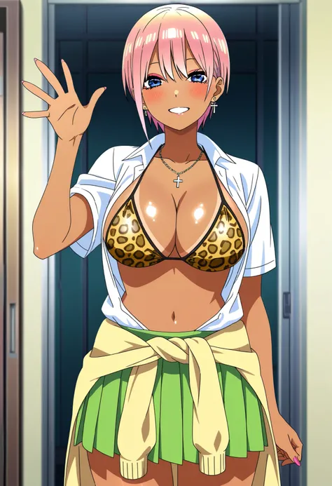 masterpiece, best quality, anime screencap, nakano ichika, short hair, bangs, blue eyes, hair between eyes, pink hair, skirt, shirt, school uniform, white shirt, short sleeves, bikini top, leopard print, open shirt, pleated skirt, shoes, socks, collared sh...