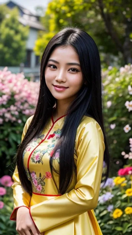 Ultra realistic image of Asian girl, long black hair, black eyes, black brown, gentle smile, wearing traditional custom of Vietnamese dress, the dress is bright yellow. Background is in flower garden, the flowers are blooming