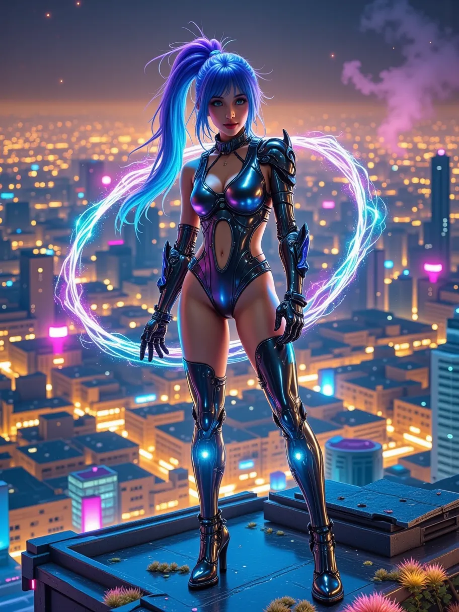 a striking woman with electric blue hair styled into a high ponytail stands on a rooftop, her cybernetic limbs glinting under th...