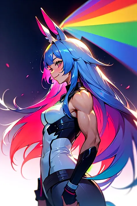 Horse Girl、Horse ears、 Rainbow Colored Hair 、Gradient hair texture、Long Hair、Rainbow Eyes、whole body、Muscular、 cute smile、