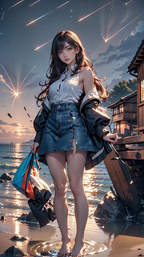 ((masterpiece,  best quality )), At night, Light clothing,  girl, Put only the tips of your feet in seawater ,  girl standing,  girl sideways,  girl between the horizon and the sea,  The ,  ripples spread from your toes,  the scene is about 20 meters away,...