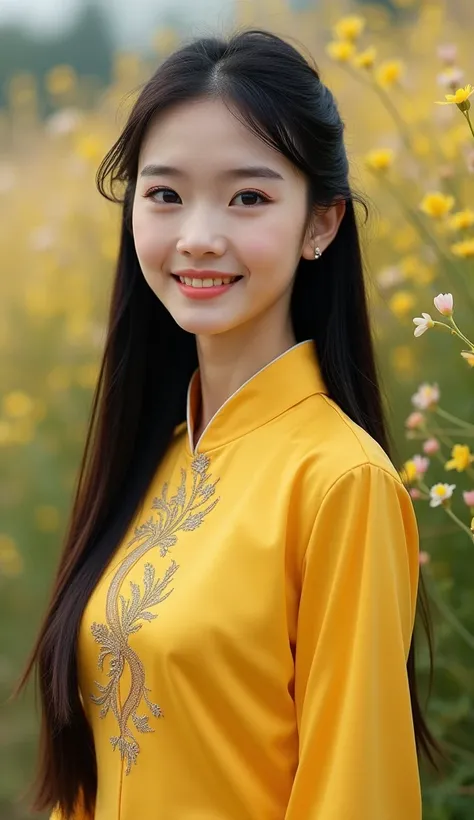 Ultra realistic image of Asian girl, long black hair, black eyes, black brown, gentle smile, wearing traditional custom of Vietnamese dress, the dress is bright yellow. Background is in flower garden, the flowers are blooming