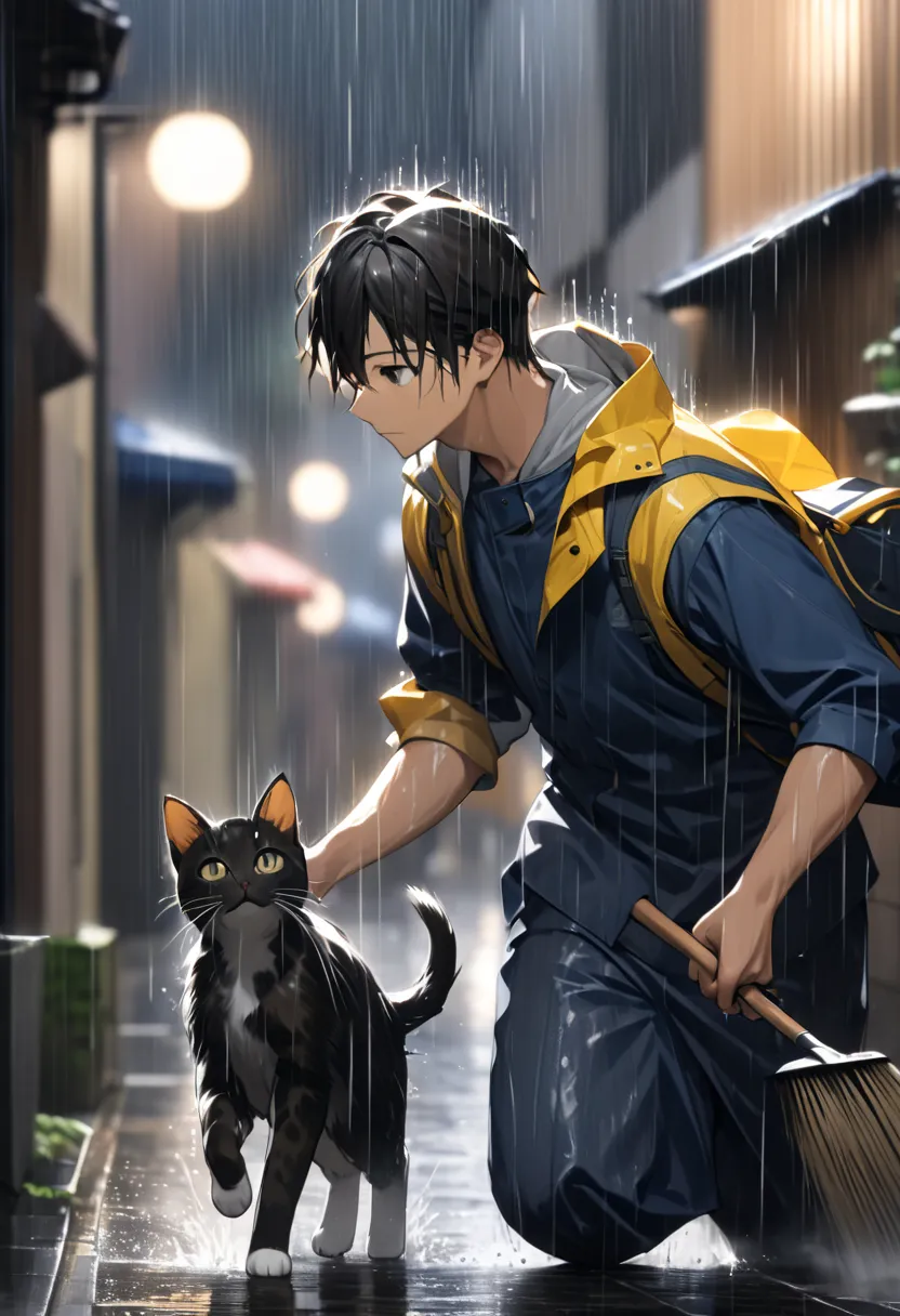 dark haired young man"asuka"the composition protects one small kitten in the rain as an alley cleaning job,(( motion blur:2.5 , ...