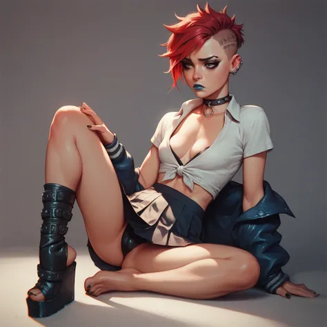 Sad expression, punk, short dark red hair, shaved, ((young schoolgirl, short)), black eyeliner, blue lipstick , tight uniform, barefoot, small breasts, cleavage, open-toe platform boots, butt spread open 