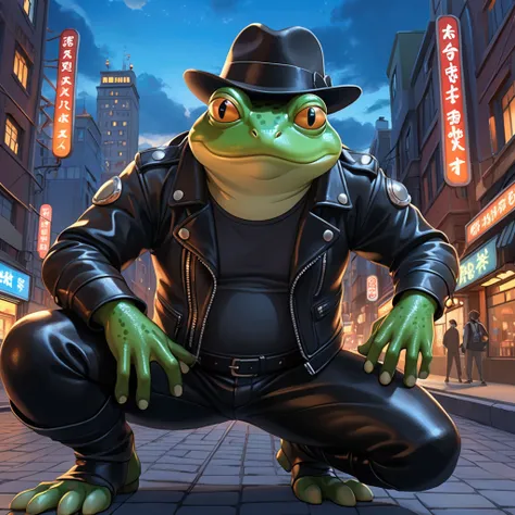 Closeup, Studio Ghibli Cartoon, an extremely badass anthropomorphic light blue and white bullfrog wearing an insanely cool black leather biker jacket open, black fedora, black shirt, black leather biker gloves, black leather biker pants, dynamic pose in a ...