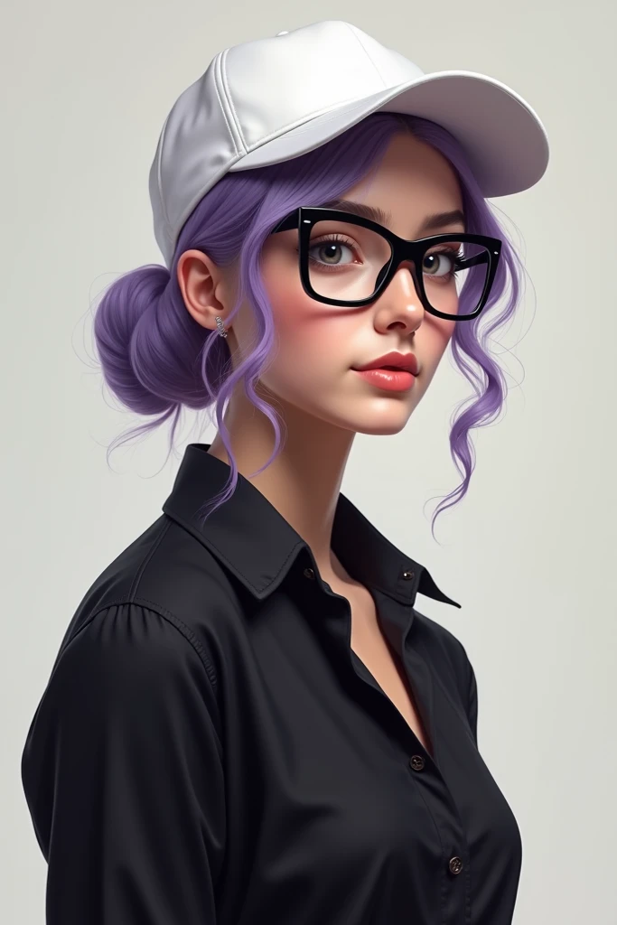 Lavender updo hair black shirt with black glasses and white cap