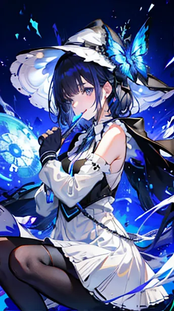  1 girl ， owl under guard， solo， flute， Iris， white blouse ，   long black hair，   mitts multicolor ，  light particles ，  Close Her Mouth and Smile ，  starry sky ，  wizard hat ，  sleeveless， Bare shoulders， With bangs， Side view ，（ She is wearing a black ho...