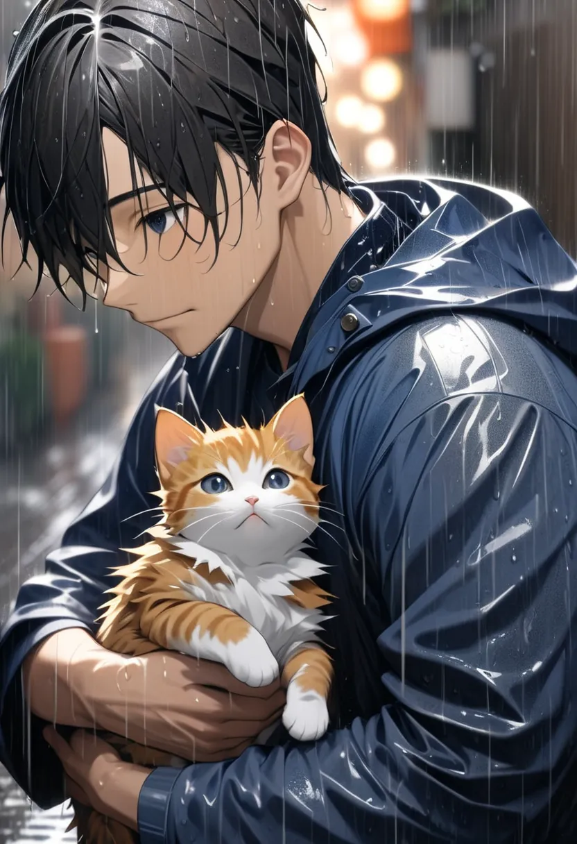 dark haired young man"asuka"a composition of holding a small kitten in the rain as an alley cleaning job,(( motion blur:2.5 , ra...