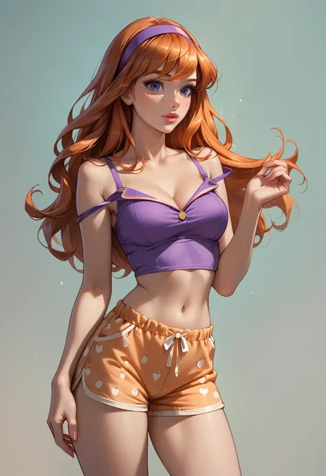 score_9, score_8_up, score_7_up, score_6_up, rating_questionable, 1girl, solo, beautiful waifu, (Daphne Blake, orange hair, headband:1.3), wearing (sexy pajamas, tight shorts and top, bare shoulders, bare arms, midriff, navel:1.1), eyes half-closed, filled...