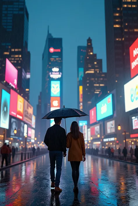 Top Quality, 16k, Incredibly Irrational, Highly Detailed, light particles, soft lighting, volumetric lighting, intricate details, finely detailed, A young teenage couple is walking in the park in the rain, sharing one umbrella, Skyscrapers, night, neon lig...