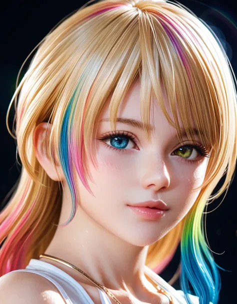 {{masterpiece}},  best quality,  Extremely High Definition CG Unity 8K Wallpaper,  cinematic lighting ,  lens flare,  beautifully detailed eyes, black,  Sideways glance,   multi-colored hair ,  colorful  light, particle,  heterochromia, ( colorful :1.5), (...