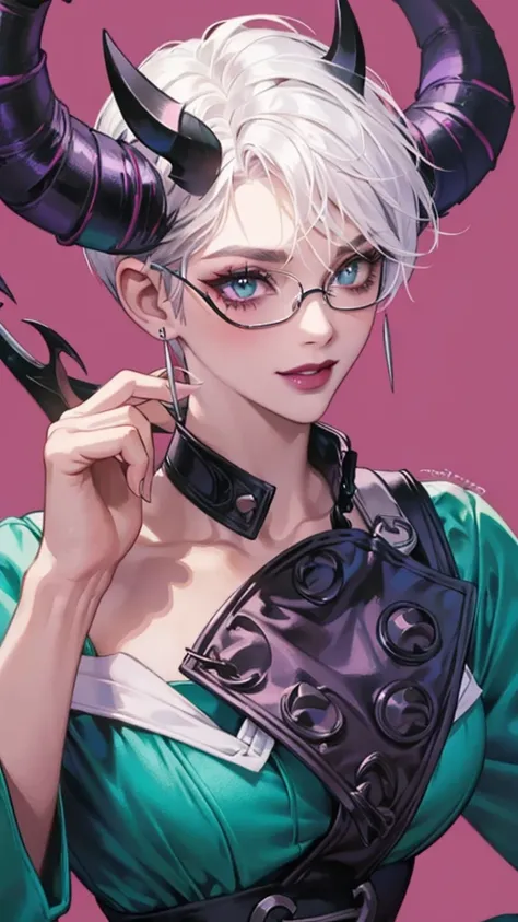 8k, masterpiece, best quality, highly detailed, 1 girl, devil, demon horns, warlock, pixie cut, white hair, multicolored hair, very short straight hair, red highlight hair on white hair, stippled hair, wearing glasses, round glasses, earrings, red eyeshado...