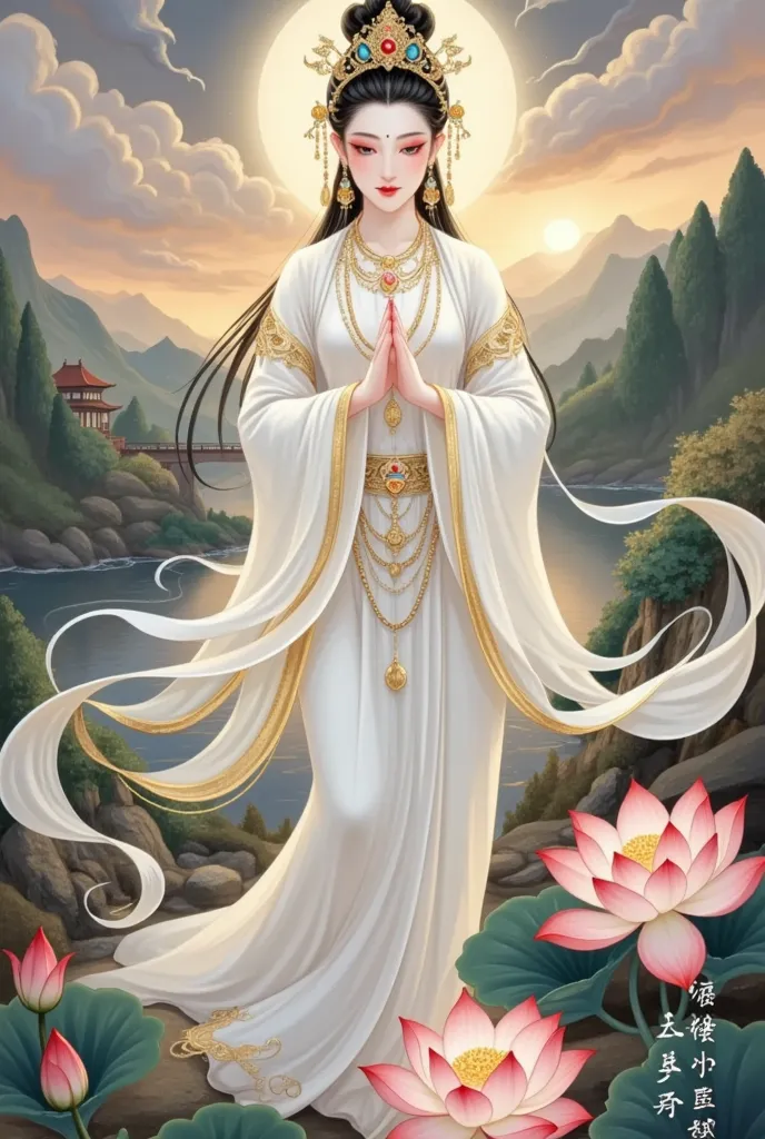 bodhisattva image， has a gentle face ，eyes are compassionate ，wearing white gauze，holding lotus， standing next to a blooming lot...