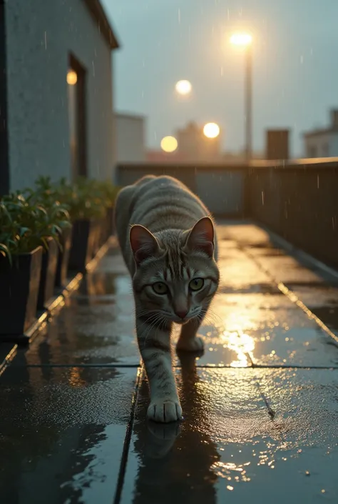 Top Quality, 16k, Incredibly Irrational, Highly Detailed, light particles, soft lighting, volumetric lighting, intricate details, finely detailed, A cat is walking on the roof in the rain