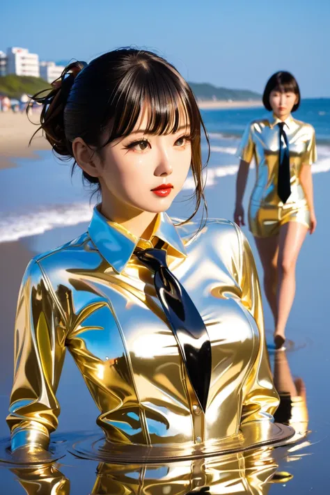  Japanese family buttoned in extremely tight shiny latex blouse on the beach, Necktie, ,Lens reflection, Reflected light, Are in town 