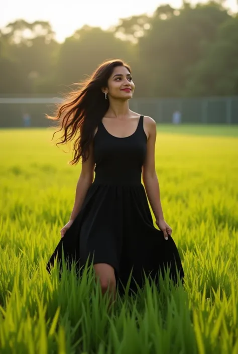 Absolutely real image of a 25 years old beautiful pretty gorgeous Indian plumb girl wearing black dress is enjoying the beauty of the green sports field 