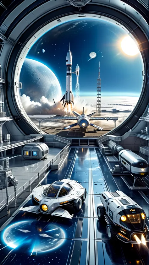 look outside through a flashing window,an extraterrestrial big city,with space station and energy center located in a futuristic...