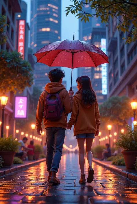 Top Quality, 16k, Incredibly Irrational, Highly Detailed, light particles, soft lighting, volumetric lighting, intricate details, finely detailed, A young teenage couple is walking in the park in the rain, sharing one umbrella, Skyscrapers, night, neon lig...