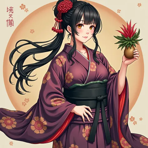  in a footbag wrapped with a black belt 、Hairpin with red beads 、 carrying a black furoshiki tied in a beautiful circle on her left hand。
 kimono is unusual in reddish purple 、 and is a tree of happiness on the chest ( the English name Dracaena Massangeana...