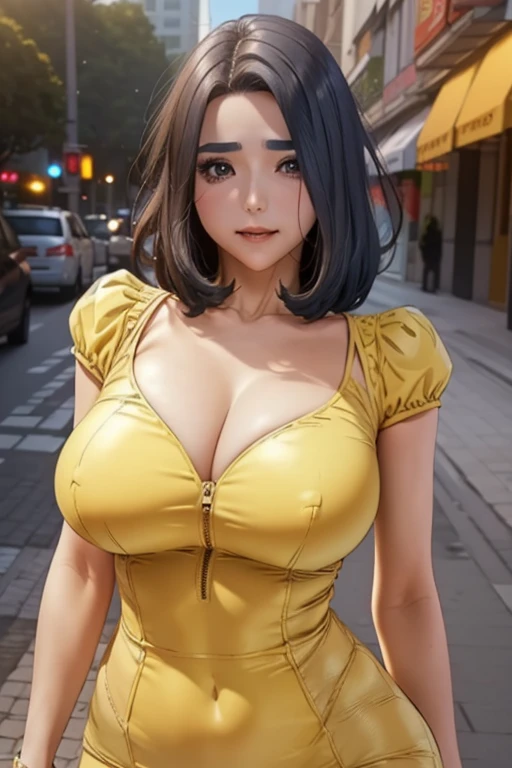 Dia song, Big Breast, sexy slit Dress,short hair, breasts,  brown eyes , breasts grandes, lips, makeup, clavicle, lipstick, 
 cleavage, sleeves rolled up, yellow jumpsuit, watch, Unpacked, zipper,  white stripe, 
official art, extremely detailed CG unit 8k...