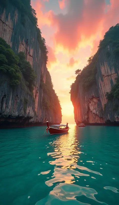 "Stunning tropical beach landscape in Krabi Thailand, towering limestone cliff, crystal clear turquoise water, traditional Thai longtail boats floating, dramatic sunset sky with orange and pink clouds, golden hour, ultra realistic, cinematic lighting, high...