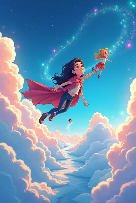 The ren Mia and Max Zwei fly with a glittering little fairy across a cloud staircase The sky is full of colorful colors and sparkling stars in comic style