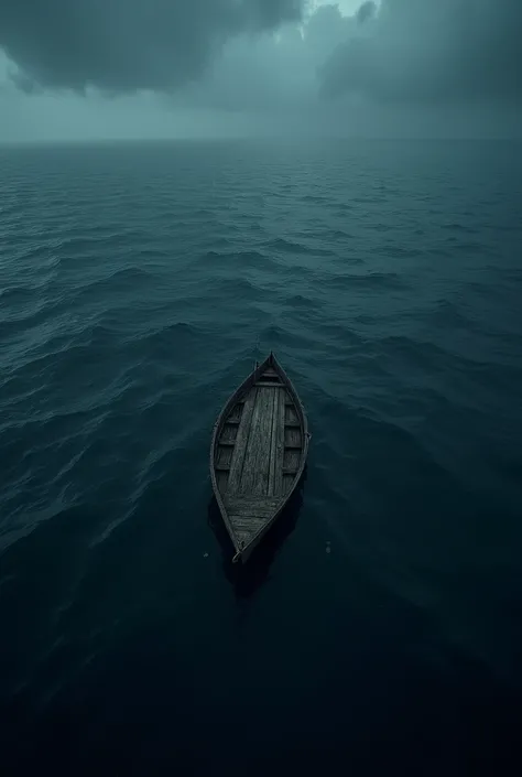 An upper view of a small wooden boat in deep dark ocean