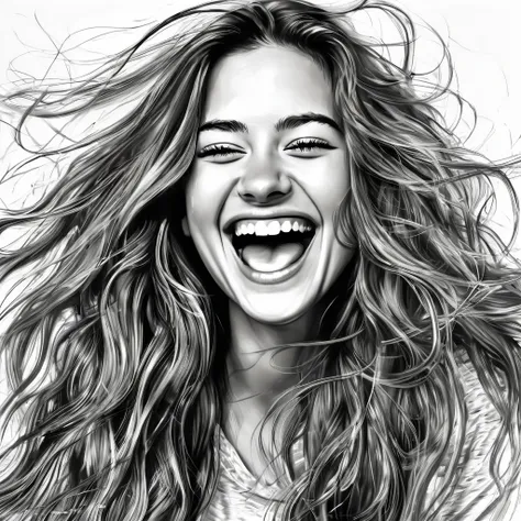 A unique and diverse portrait of a beautiful girl with long hair, captured in a moment of pure joy as she laughs with her mouth wide open. The realistic rendering and rough pen strokes add a touch of rawness to the image, while her adorable eyes and head a...